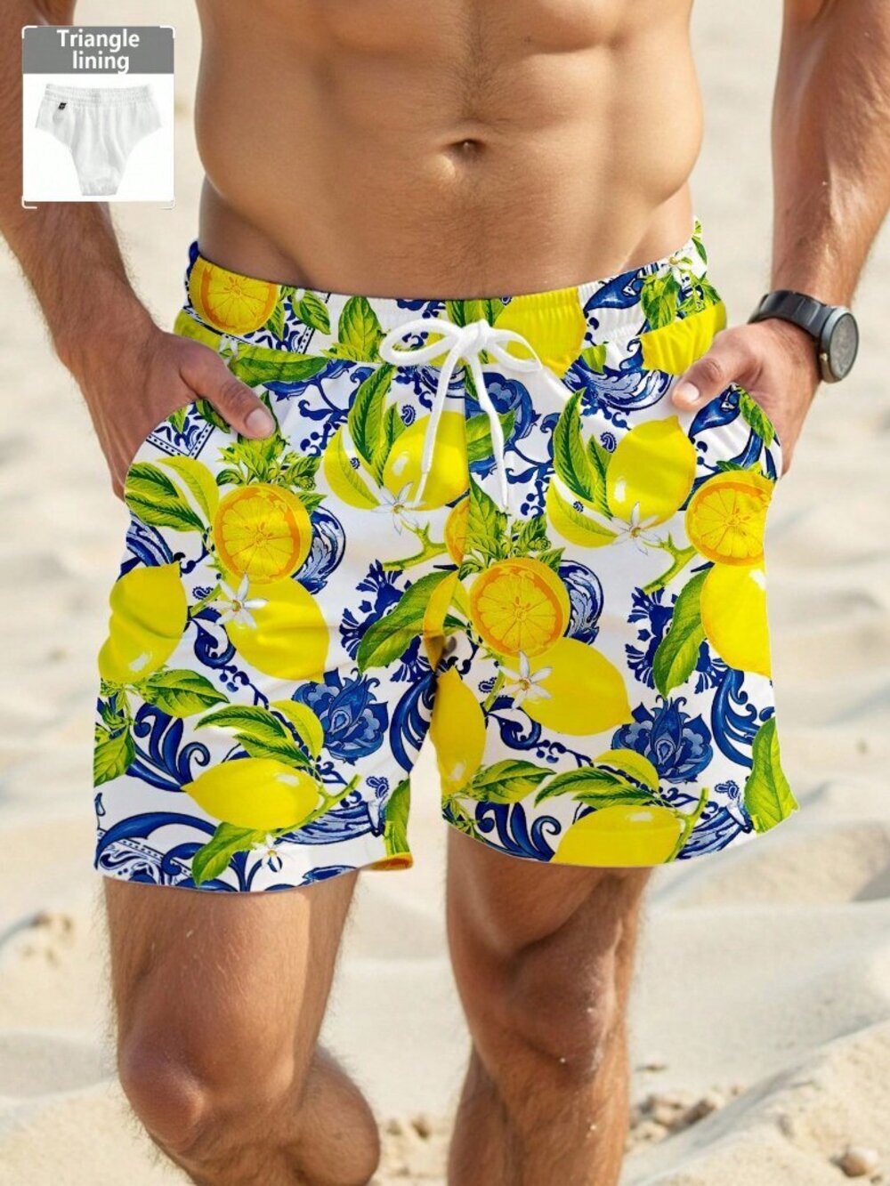 Yellow Tropical Men's Lemon Fruit Mesh Beach Shorts